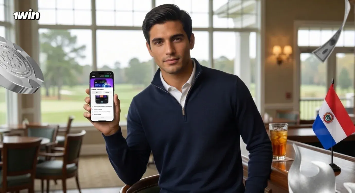 Hombre en el salón de un club de golf muestra la app de 1win en su celular junto a la bandera de Paraguay